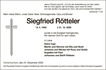 Traueranzeige von Siegfried Rötteler von Fränkische Nachrichten