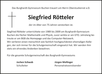 Traueranzeige von Siegfried Rötteler von Fränkische Nachrichten