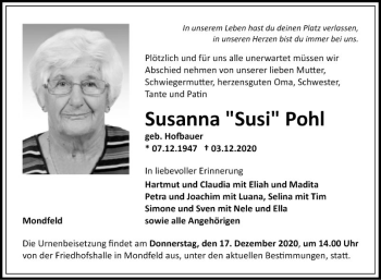 Traueranzeige von Susanna  Pohl von Fränkische Nachrichten