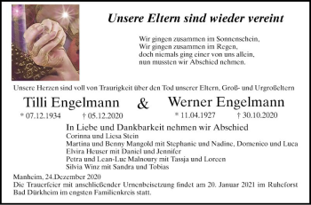 Traueranzeige von Tilli Engelmann von Mannheimer Morgen