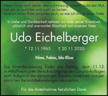 Traueranzeige von Udo Eichelberger von Schwetzinger Zeitung