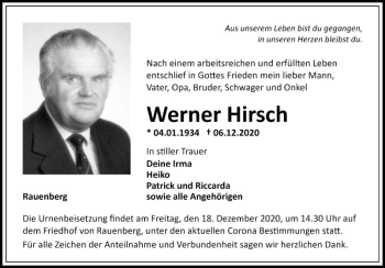 Traueranzeige von Werner Hirsch von Fränkische Nachrichten