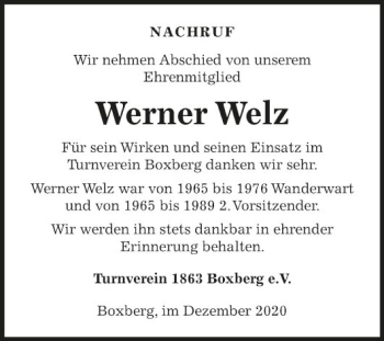 Traueranzeige von Werner Welz von Fränkische Nachrichten