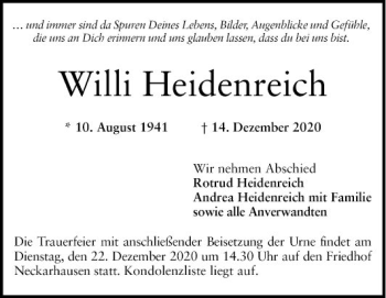 Traueranzeige von Willi Heidenreich von Mannheimer Morgen