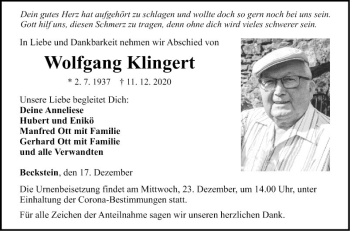 Traueranzeige von Wolfgang Klingert von Fränkische Nachrichten