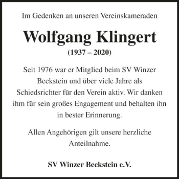 Traueranzeige von Wolfgang Klingert von Fränkische Nachrichten