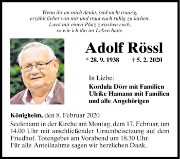 Traueranzeige von Adolf Rössl von Fränkische Nachrichten