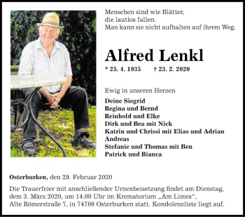 Traueranzeige von Alfred Lenk von Fränkische Nachrichten