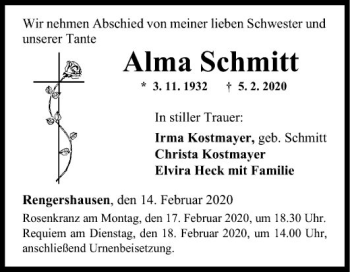 Traueranzeige von Alma Schmitt von Fränkische Nachrichten