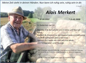 Traueranzeige von Alois Merkert von Fränkische Nachrichten