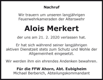 Traueranzeige von Alois Merkert von Fränkische Nachrichten