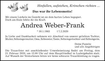 Traueranzeige von Andrea Weber-Frank von Mannheimer Morgen