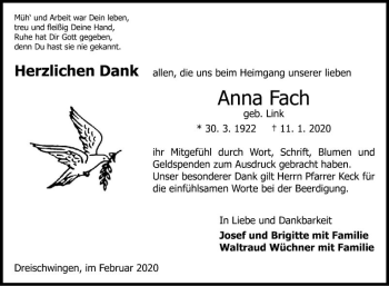 Traueranzeige von Anna Fach von Fränkische Nachrichten