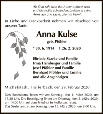 Traueranzeige von Anna Kulse von Fränkische Nachrichten