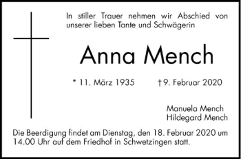 Traueranzeige von Anna Mench von Schwetzinger Zeitung