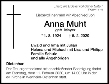 Traueranzeige von Anna Muht von Fränkische Nachrichten