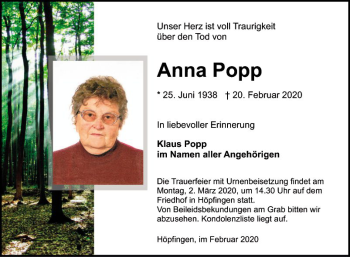 Traueranzeige von Anna Popp von Fränkische Nachrichten
