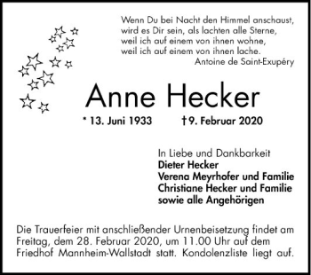 Traueranzeige von Anne Hecker von Mannheimer Morgen
