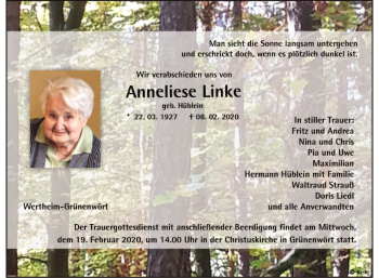 Traueranzeige von Anneliese Linke von Fränkische Nachrichten