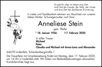 Traueranzeige von Anneliese Stein von Bergsträßer Anzeiger