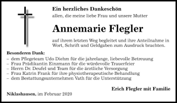 Traueranzeige von Annemarie Flegler von Fränkische Nachrichten