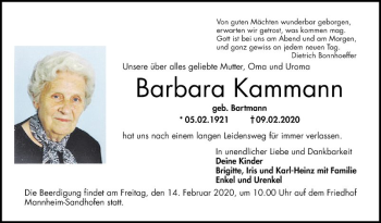 Traueranzeige von Barbara Kammann von Mannheimer Morgen