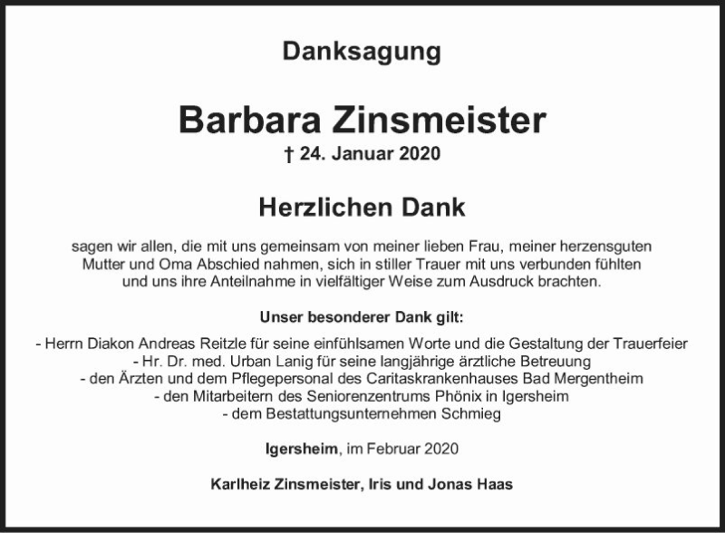  Traueranzeige für Barbara Zinsmeister vom 05.02.2020 aus Fränkische Nachrichten