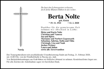 Traueranzeige von Berta Nolte von Fränkische Nachrichten