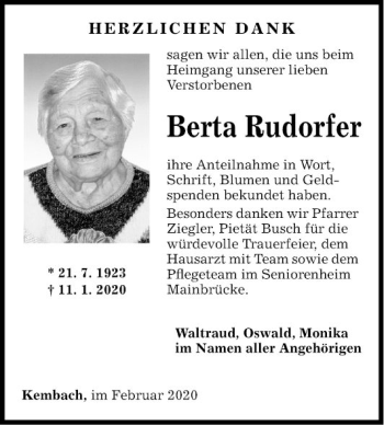 Traueranzeige von Berta Rudorfer von Fränkische Nachrichten