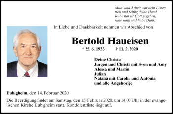 Traueranzeige von Bertold Haueisen von Fränkische Nachrichten