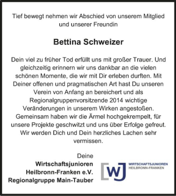 Traueranzeige von Bettina Schweizer von Fränkische Nachrichten