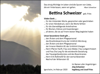 Traueranzeige von Bettina Schweizer von Fränkische Nachrichten