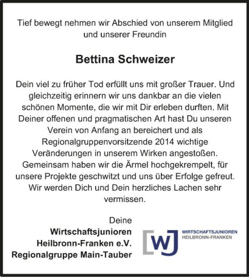  Traueranzeige für Bettina Schweizer vom 07.02.2020 aus Fränkische Nachrichten