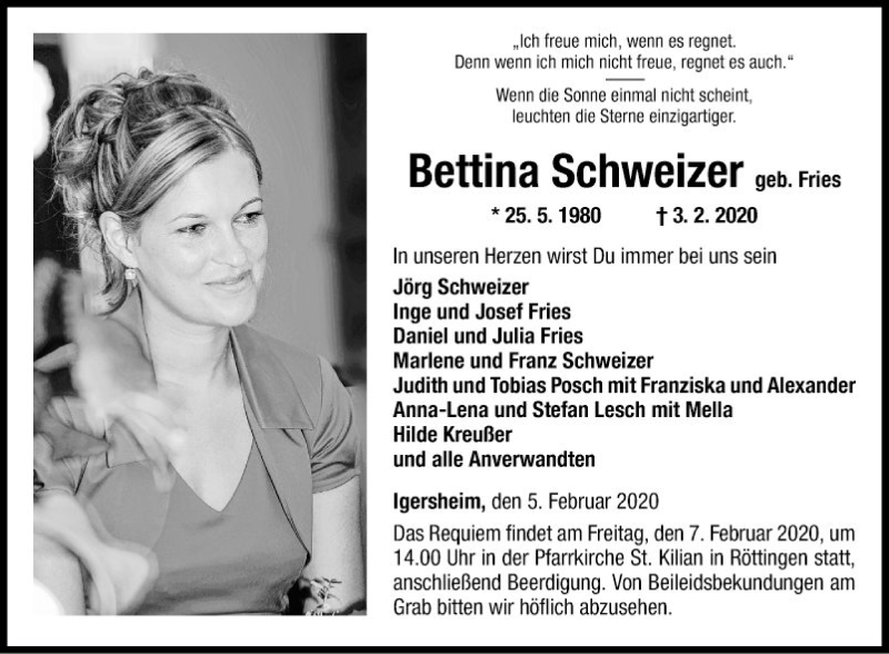  Traueranzeige für Bettina Schweizer vom 05.02.2020 aus Fränkische Nachrichten