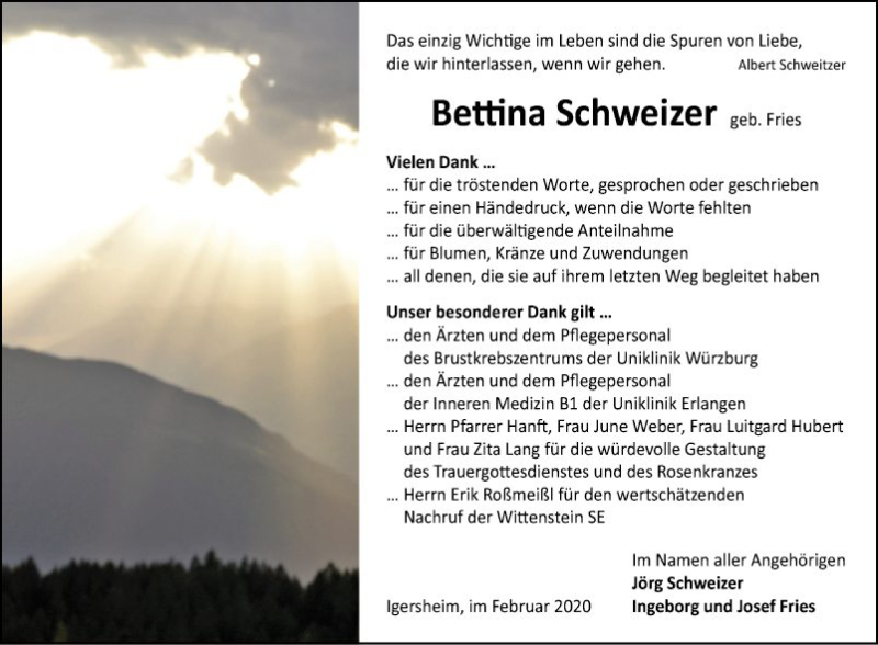  Traueranzeige für Bettina Schweizer vom 29.02.2020 aus Fränkische Nachrichten