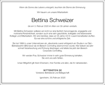 Traueranzeige von Bettina Schweizer von Fränkische Nachrichten