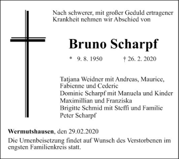 Traueranzeige von Bruno Scharpf von Fränkische Nachrichten