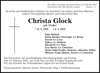 Traueranzeige von Christa Glock von Fränkische Nachrichten