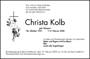 Traueranzeige von Christa Kolb von Schwetzinger Zeitung