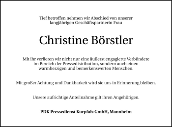 Traueranzeige von Christine Börstler von Mannheimer Morgen