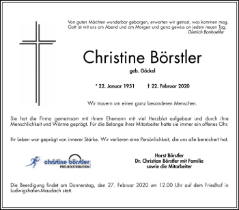 Traueranzeige von Christine Börstler von Mannheimer Morgen