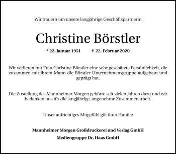 Traueranzeige von Christine Börstler von Mannheimer Morgen