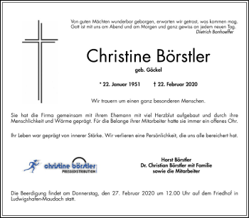 Traueranzeige von Christine Börstler von Mannheimer Morgen