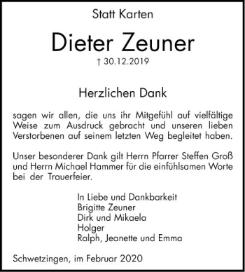 Traueranzeige von Dieter Zeuner von Schwetzinger Zeitung