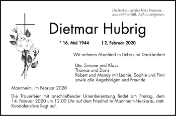 Traueranzeige von Dietmar Hubrig von Mannheimer Morgen