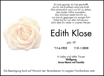 Traueranzeige von Edith Klose von Mannheimer Morgen