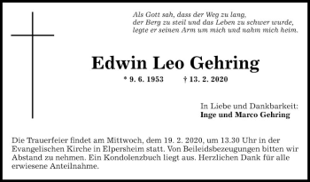 Traueranzeige von Edwin Leo Gehring von Fränkische Nachrichten