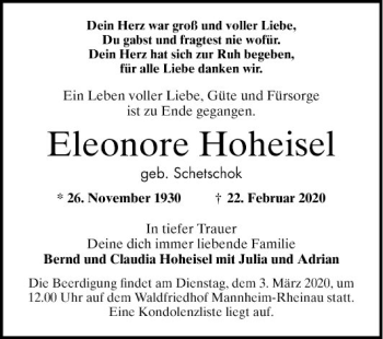 Traueranzeige von Eleonore Hoheisel von Mannheimer Morgen