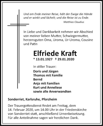 Traueranzeige von Elfriede Kraft von Fränkische Nachrichten