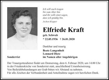 Traueranzeige von Elfriede Kraft von Fränkische Nachrichten